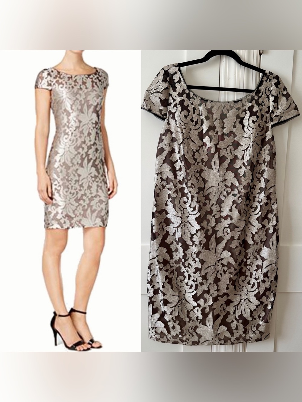 Calvin Klein Metallic Floral Embroidered Mesh Sheath Cocktail Dress Silver Sz 14